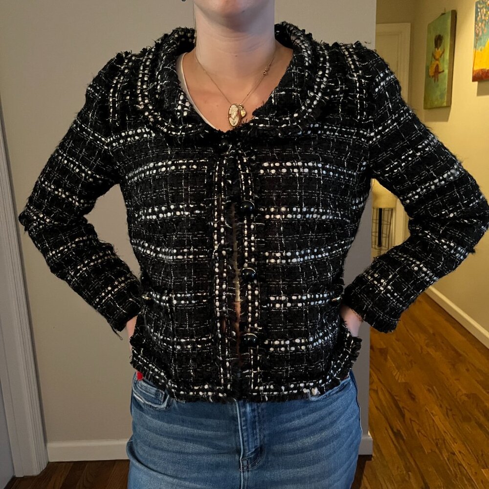 WEILL Blazer Women's Black and White Blazer Jacket Fringe Trim Chic 10